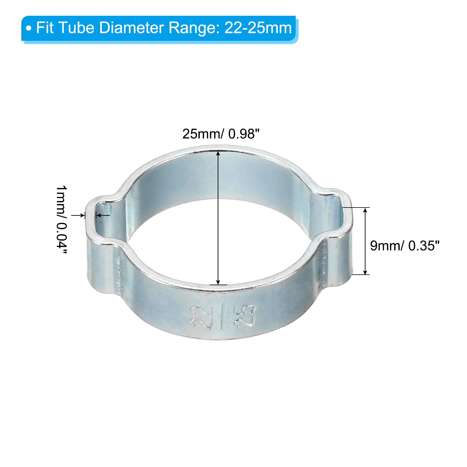 PATIKIL 20 Pack 22-25mm Double Ear Hose Clamp, Galvanized Steel O Clip Crimp Rings for Fuel Petrol Pipe Tube Fitting Connections, Silver Tone - Image 2