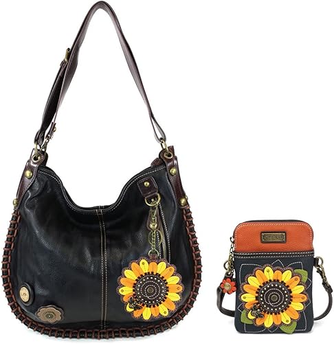 CHALA Hobo Style - Bolso grande de hombro con bolsa y cartera con cremallera Chala Combo (combo de girasol negro y cruzado deslumbrante), Combo