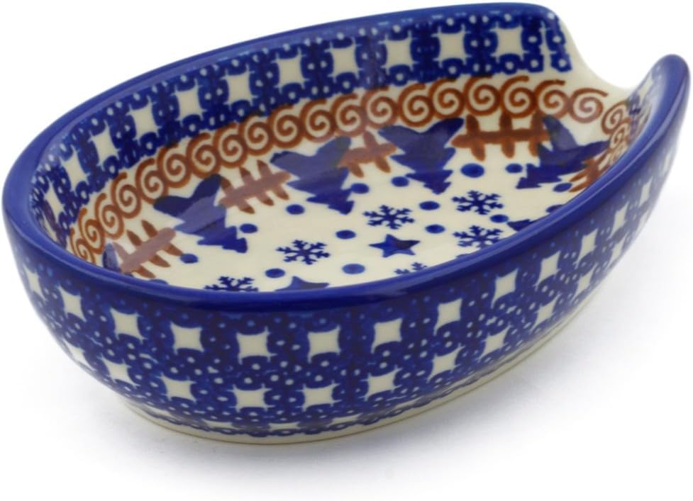 Polmedia Polish Pottery Spoon Rest - Winter Snow Pattern Handmade in Boleslawiec Poland by Ceramika Bona + Certificate of Authenticity
