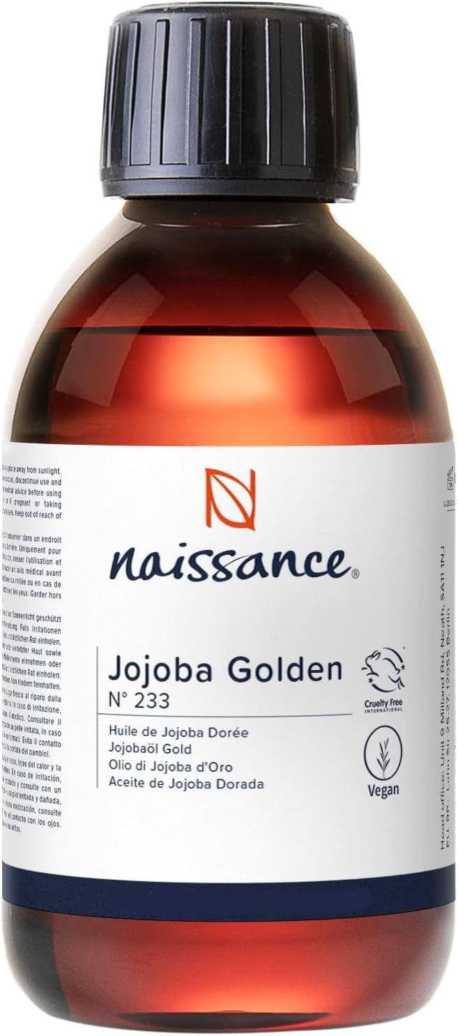 Naissance Jojoba-Olie Gold (Nr. 233) – 225ml – Koudgeperste Gezichtsolie voor Haar, Wimpers, Huid, Lichaam en Lippen – Massage en Cosmetica