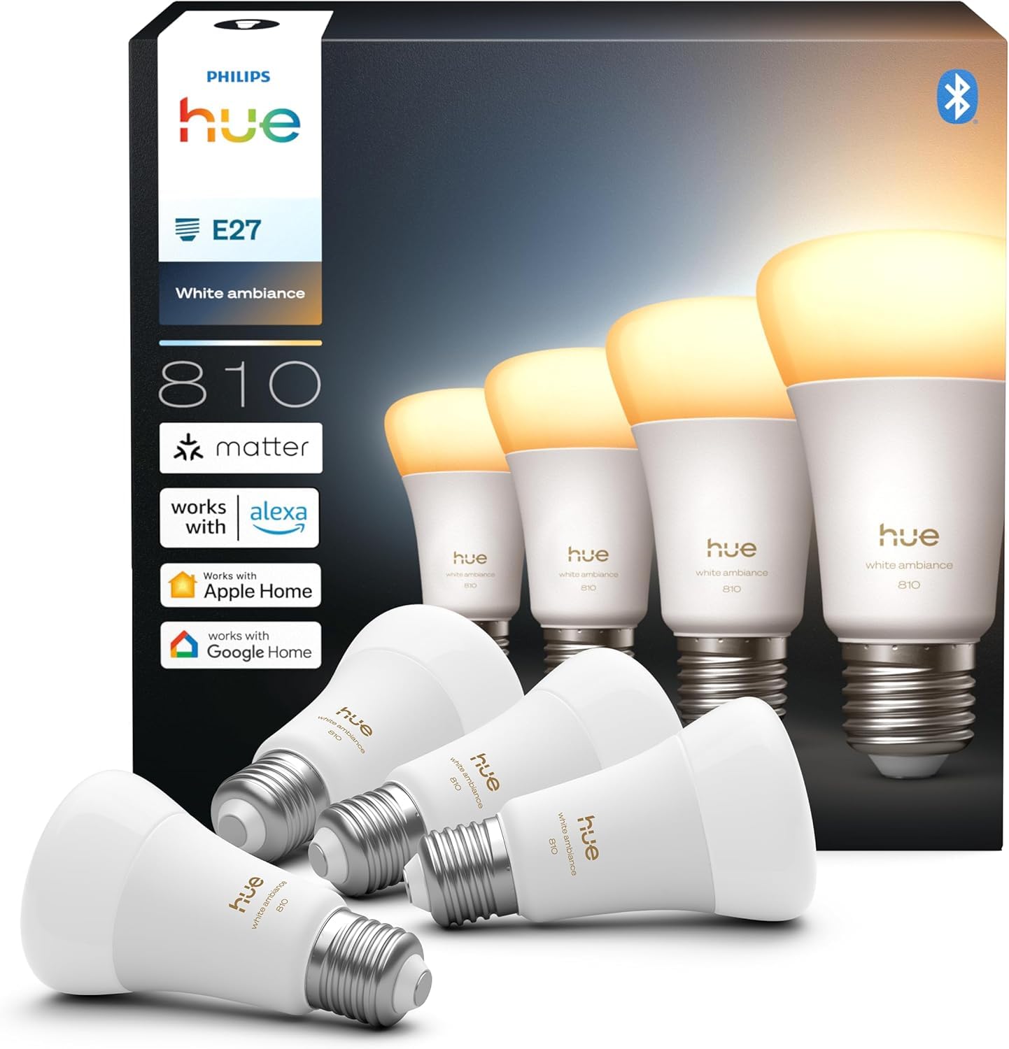 Philips Hue Ampoule connectée LED A60, White Ambiance, Ampoule Philips Hue E27, 6 W, Spectre complet 1000-2000 K, 810 lm, Intensité variable, Compatible avec Alexa, Google et Apple Home, pack de 4