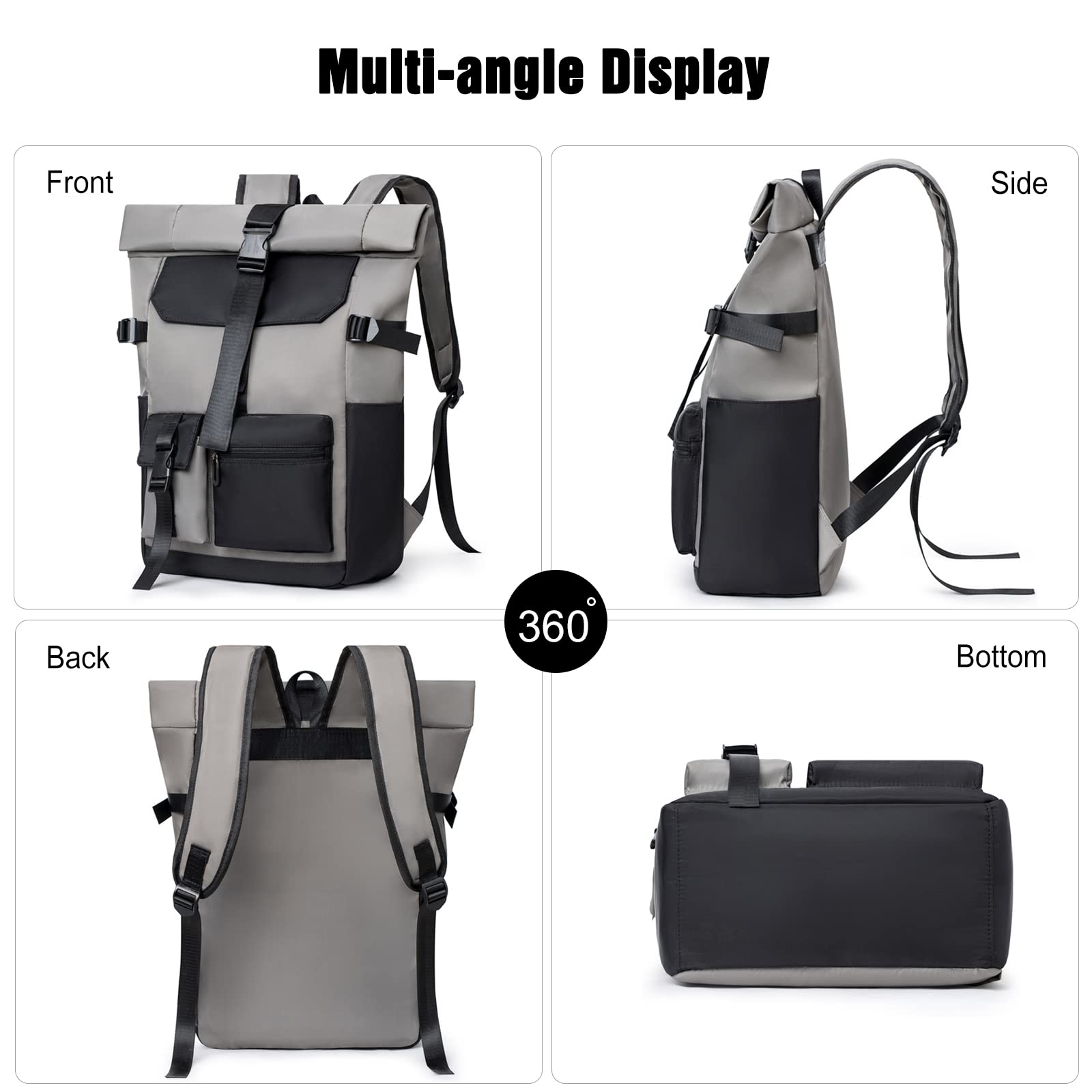 FANDARE Retrò Zaino Rolltop Ultraleggero Porta PC 15.6 Pollici, Zainetto per Scuola Università Viaggio Lavoro, da Uomo Donna - Grigio Scuro