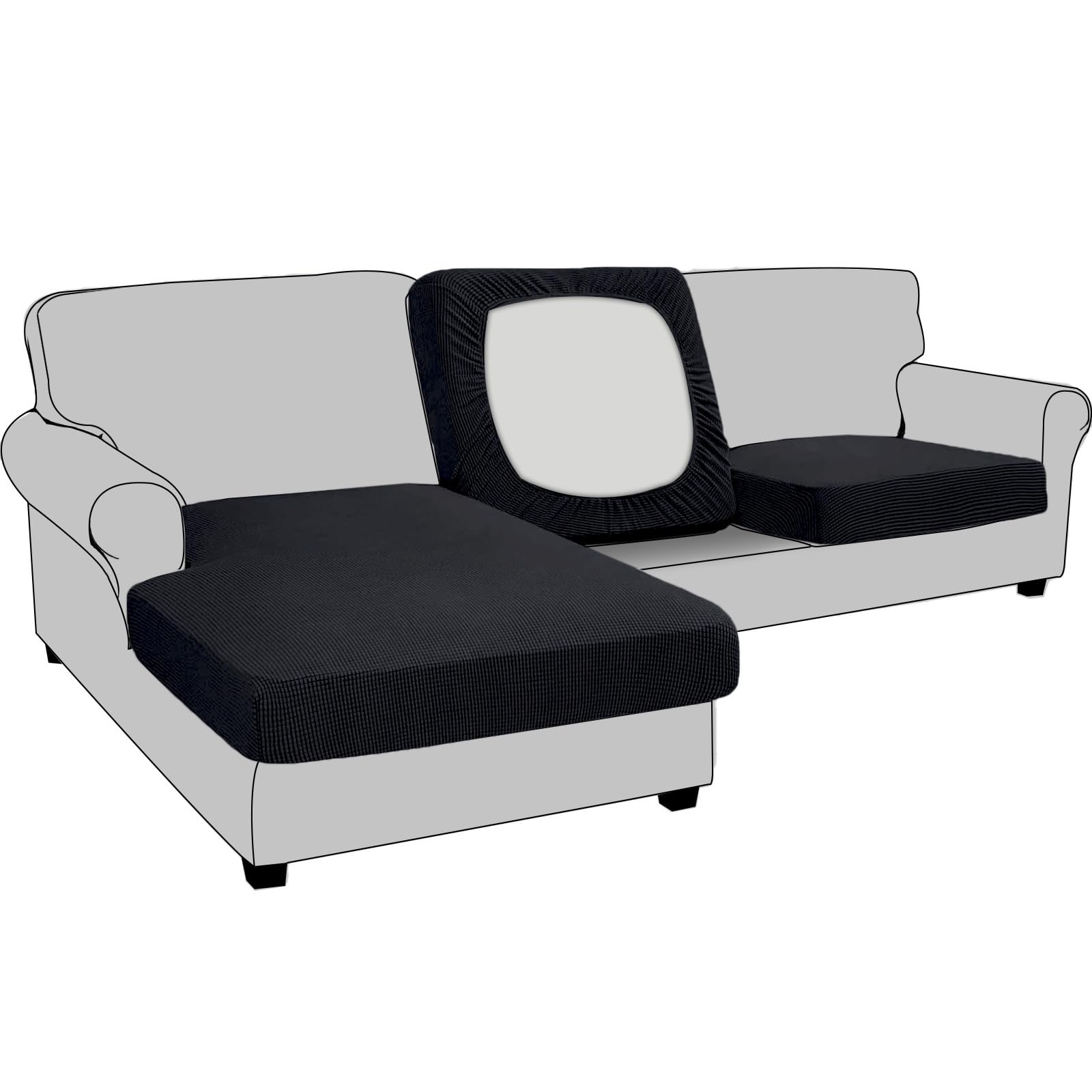 BXFUL Stretch Sofa Seat Cushion Cover Replacement, Fitted Sofa Couch Cushion Covers Furniture Protector, Checks Jacquard Spandex Fabric (3-Seater,Black)