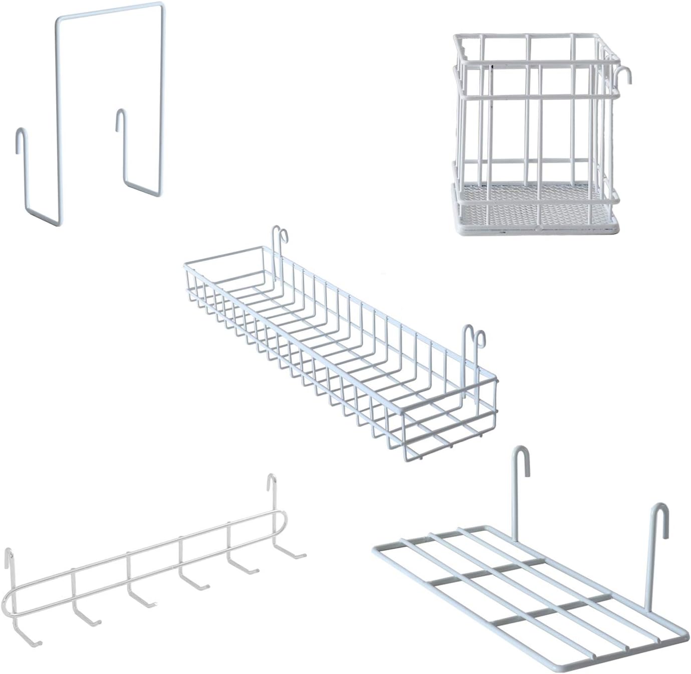 Metal Mesh Wall Grid Panel Hanging Basket,Display Shelf,Pen Holder,Hooks Rack,Bookshelf,Decorative Desk Storage Organizer for Office,Study,Set of 5 (White)