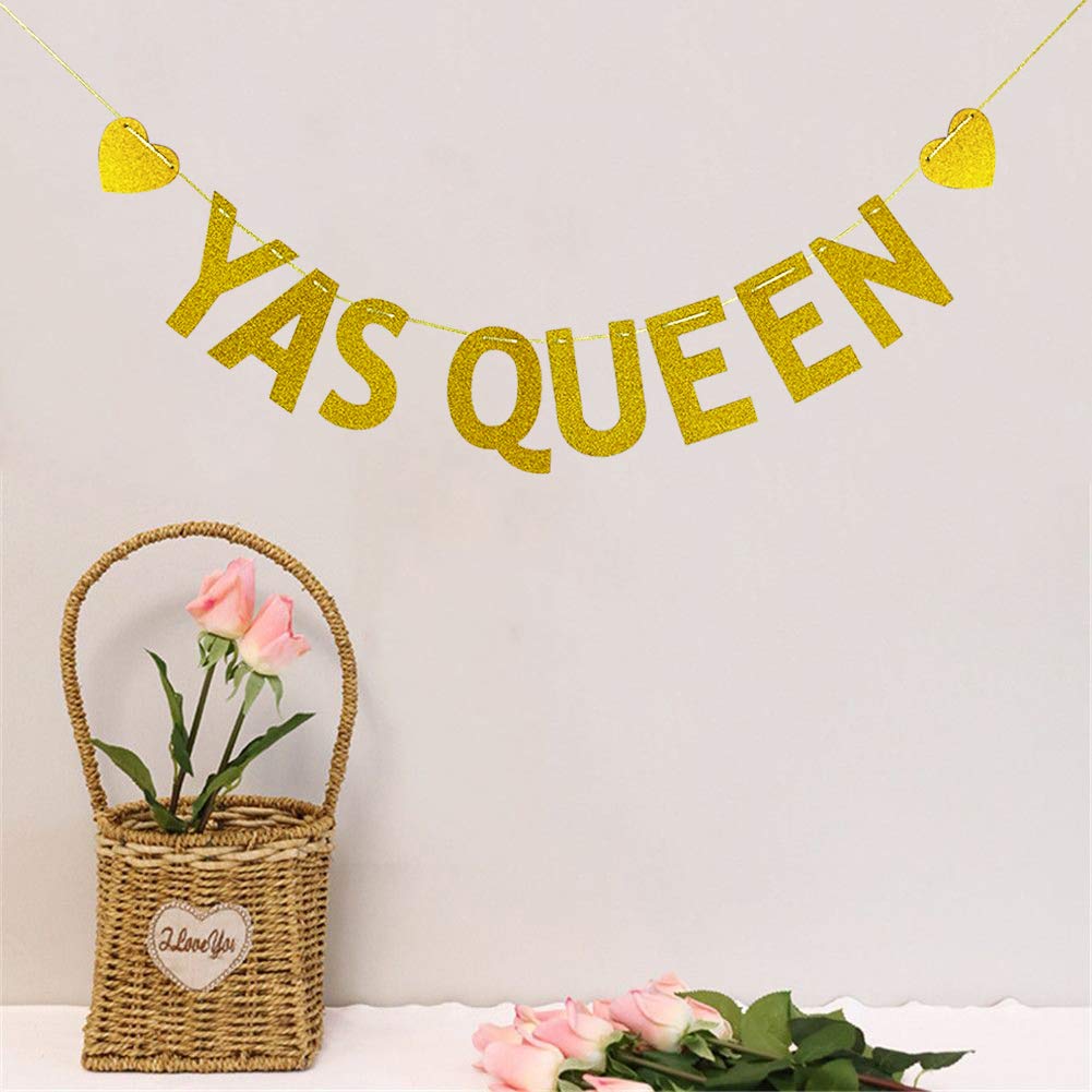 Yas Queen Banner - Lady Club Decor - Women Empowerment Bunting Wall Decorations Gold Glitter