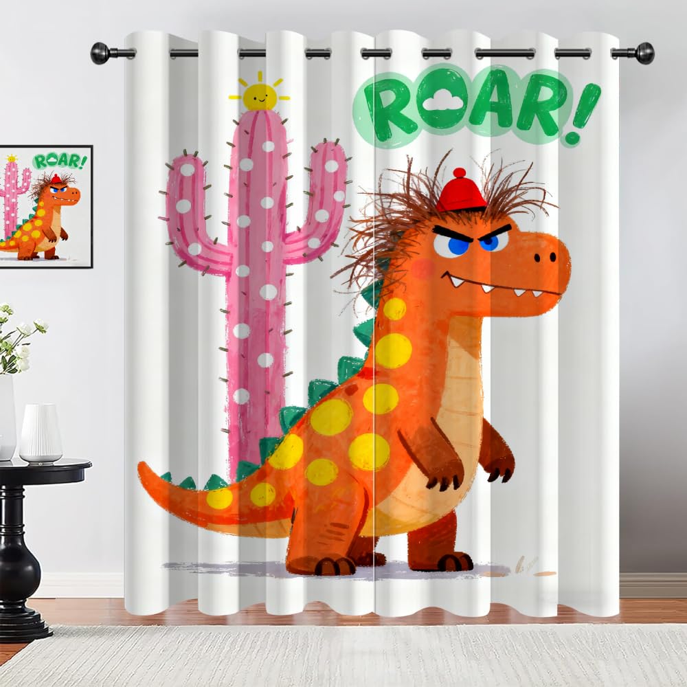 Dinosaure Salon Rideaux Occultants, Cactus Enfants Panneaux de Rideaux intérieurs, Thème pour Enfants Draperies, Dinosaure de Dessin animé Chambre Décoration Fenêtre L132 x H240cm x2