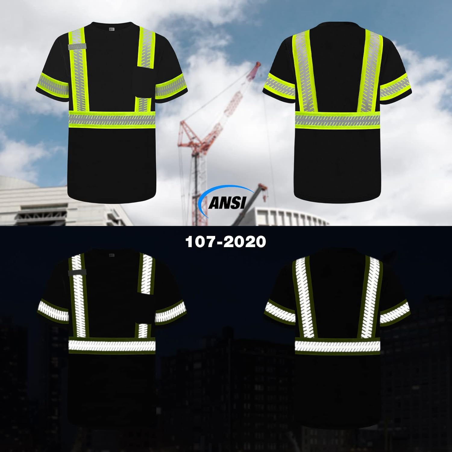 TCCFCCT Hi Vis Shirts for Men Class 3 High Visibility Shirts with Short Sleeves, Reflective Safety Shirts for Men Women, Construction Work Shirts with Green Edge, Durable & Breathable, DT-Black XL - Image 2