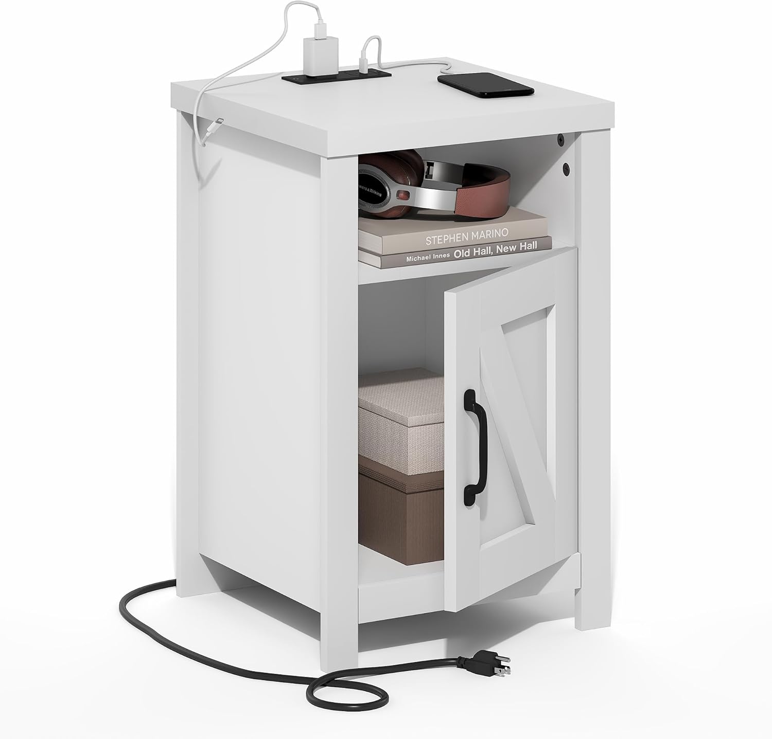 Furinno Farmhouse Night Stand with Charging Station, Bedside Table, Side Table, End Table with Door, USB Ports and Outlets, for Bedroom, Closet, Dorm, Amber Oak