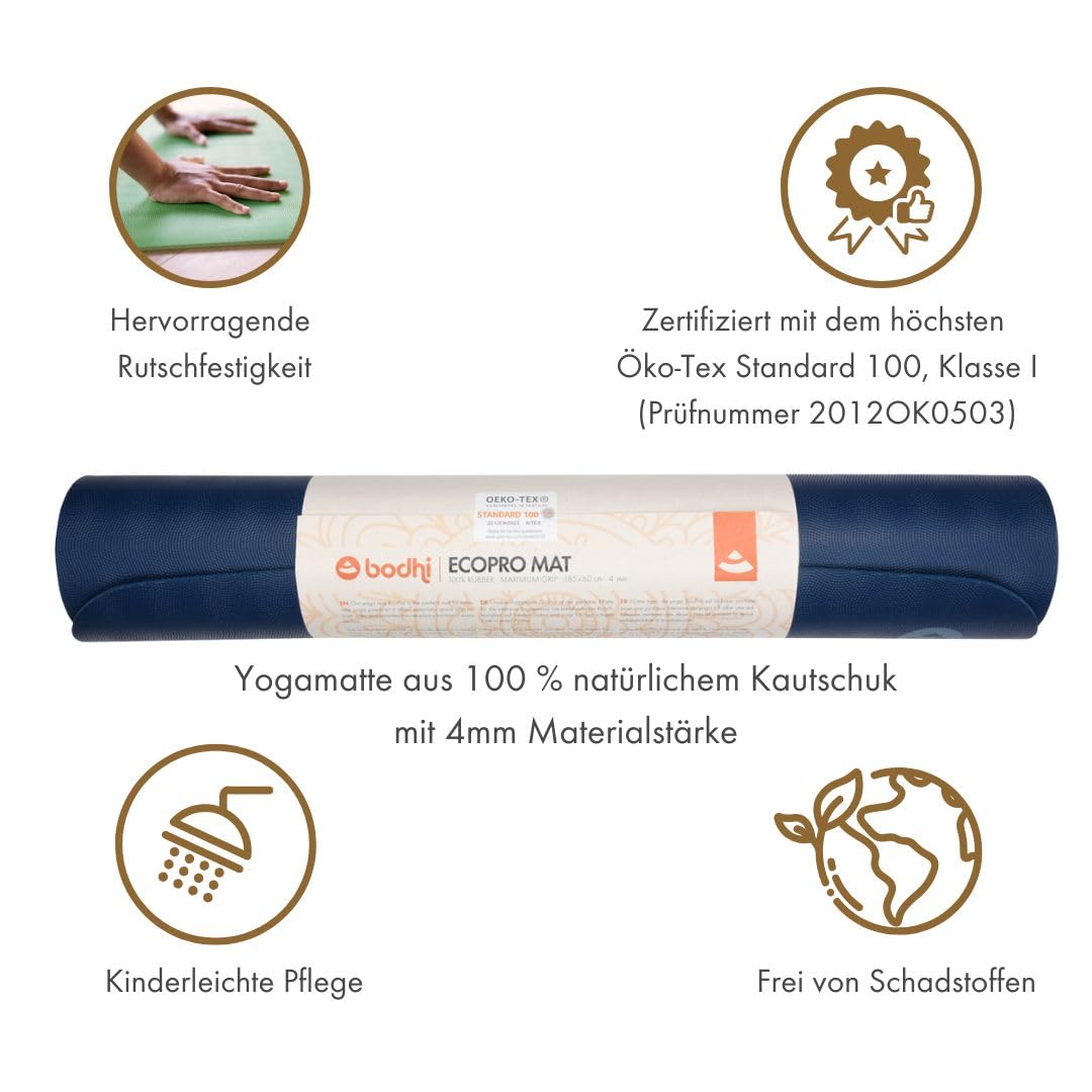 Bodhi Yogamatte ECO PRO XL | Extrem Rutschfester Naturkautschuk | Extra Lang | Ökologisch | Profi-Matte für Yoga & Pilates | Ideal für dynamisches Yoga | 200 x 60 x 0,4 cm