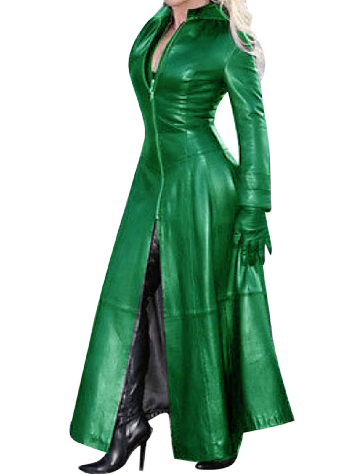 each women Womens Full Length Green Leather Trench Coat Ladies Windbreaker Long Faux Leather Overcoat Jacket
