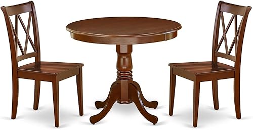 East West Furniture ANCL3-MAH-W - Juego de comedor antiguo de 3 piezas para espacios pequeños que contiene una mesa redonda con pedestal y 2 sillas