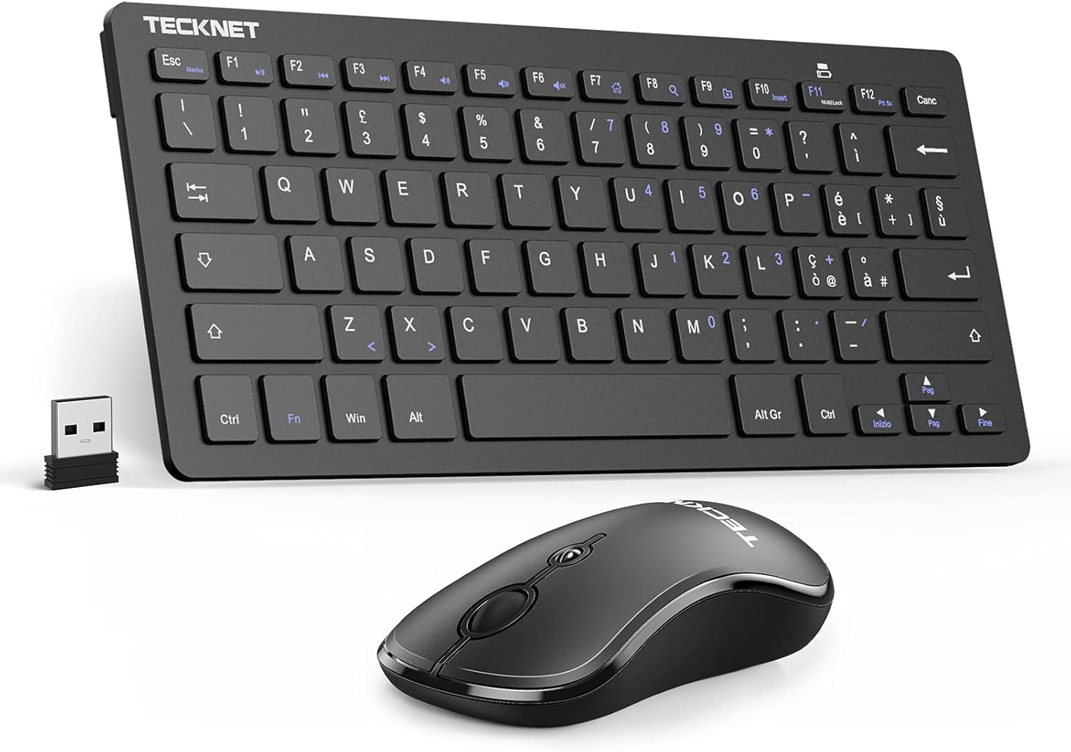 TECKNET Set Tastiera e Mouse Wireless, 2.4G Silenzioso con Ricevitore Nano USB, 12 Scorciatoie Multimediali per Computer, PC, Laptop, Desktop, Smart TV Android