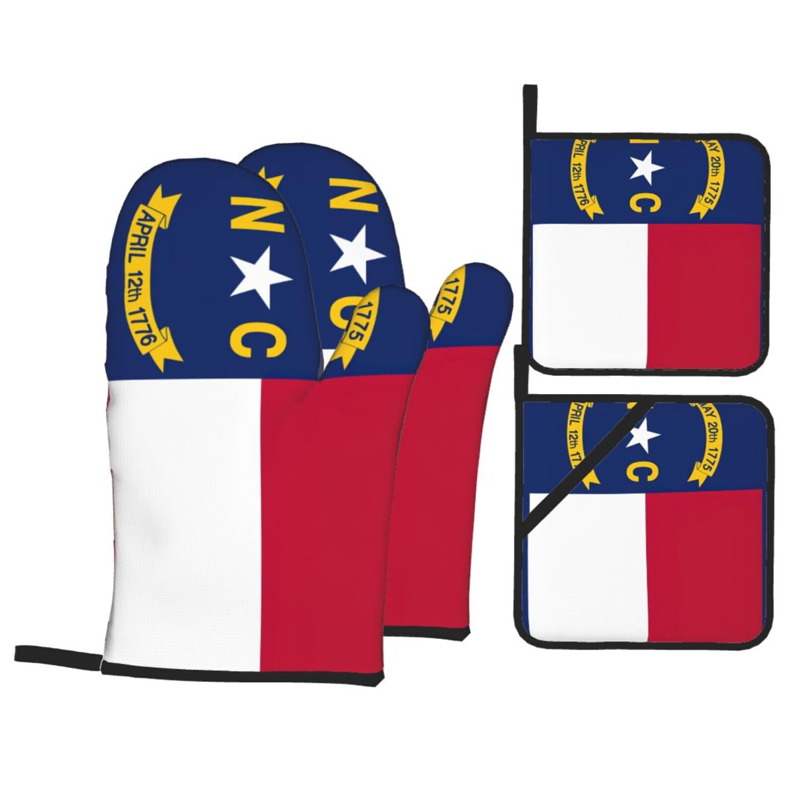 Nimongt Black North Carolina State Flag Print Heat-Resistant 4-Piece Oven Kitchen Gloves For Baking Cooking Microwaving Essentials