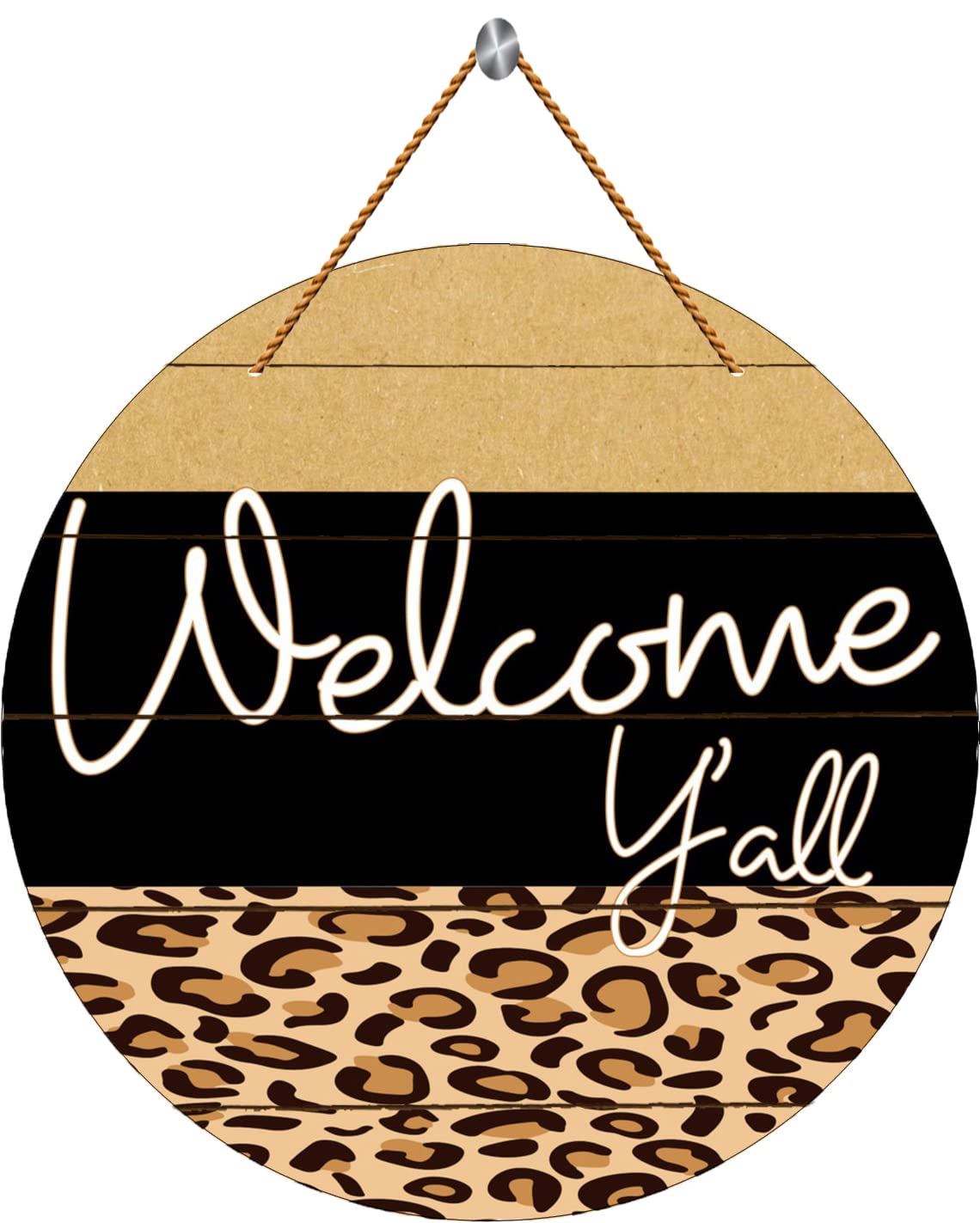 RIFOSA Round Wooden Hanging Decorative Sign, Leopard Print, 12X12 Inch, Welcome Y'all, Rustic Modern, Indoor/Outdoor