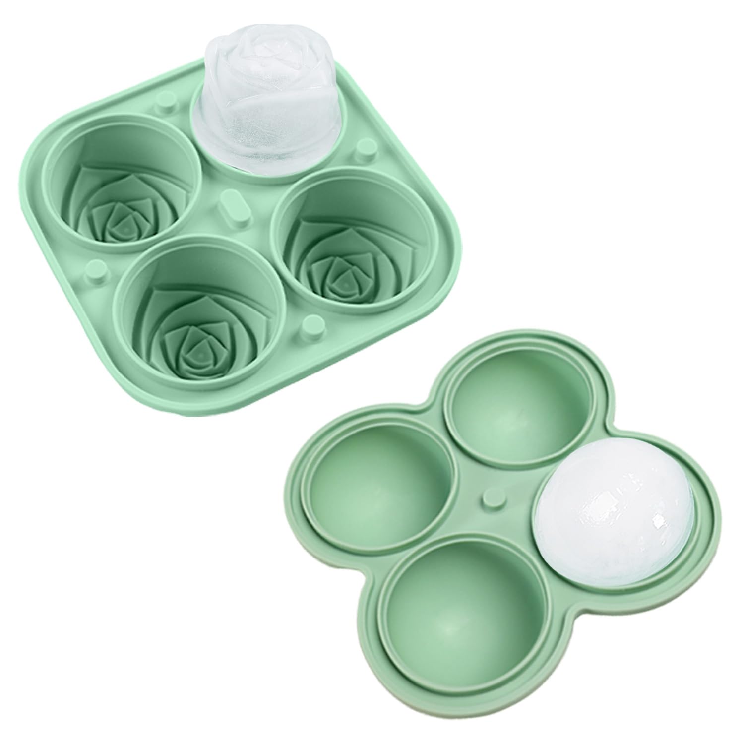 QELEG Large Silicone Ice Cube Trays, 2.35 inches Ice Ball Maker with Lids & 2 inches 3D Rose Ice Molds for Gift, Drinks, Coffee, Cocktails, and Whiskey Set of 2, Green, Sphere and Rose