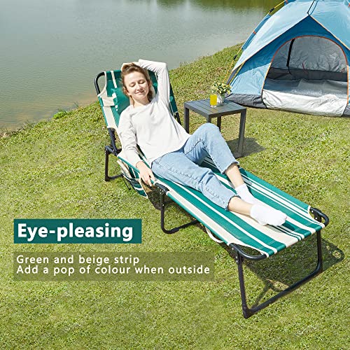 Praisun Folding Lounge Chair For Outside, Chaise Lounge For Outdoor, Tanning Chair With 5-Position Backrest, Sun Lounger Chair With Detachable Pillow, Fabric Bag, For Pool, Garden - Green Stripe #TOP1