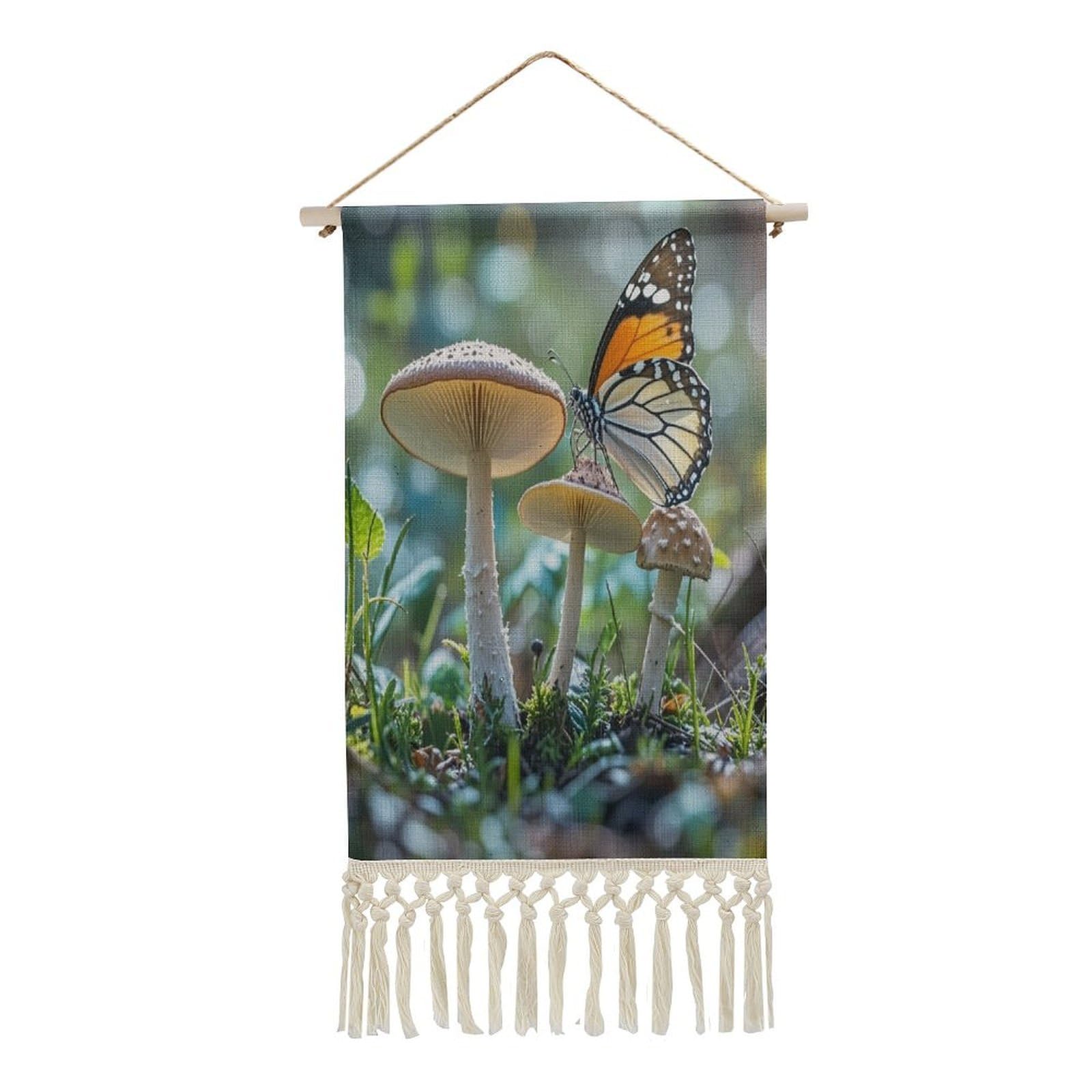 FekiLoot Butterfly Mushroom Wall Art Print Decor Art Tapestry with Tassel Cotton Linen Hanging Poster Vintage Aesthetic Wall Art Poster Rustic Wall Art Decor for Home Bedroom Living Room Office