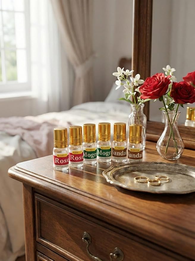 Image of KOSTA Attar Combo Pack of 6 (2ml Each) | Sandalwood (Chandan), Rose (Gulab) & Mogra Perfume Oils | Alcohol-Free Long Lasting Roll-On Attar for Men & Women
