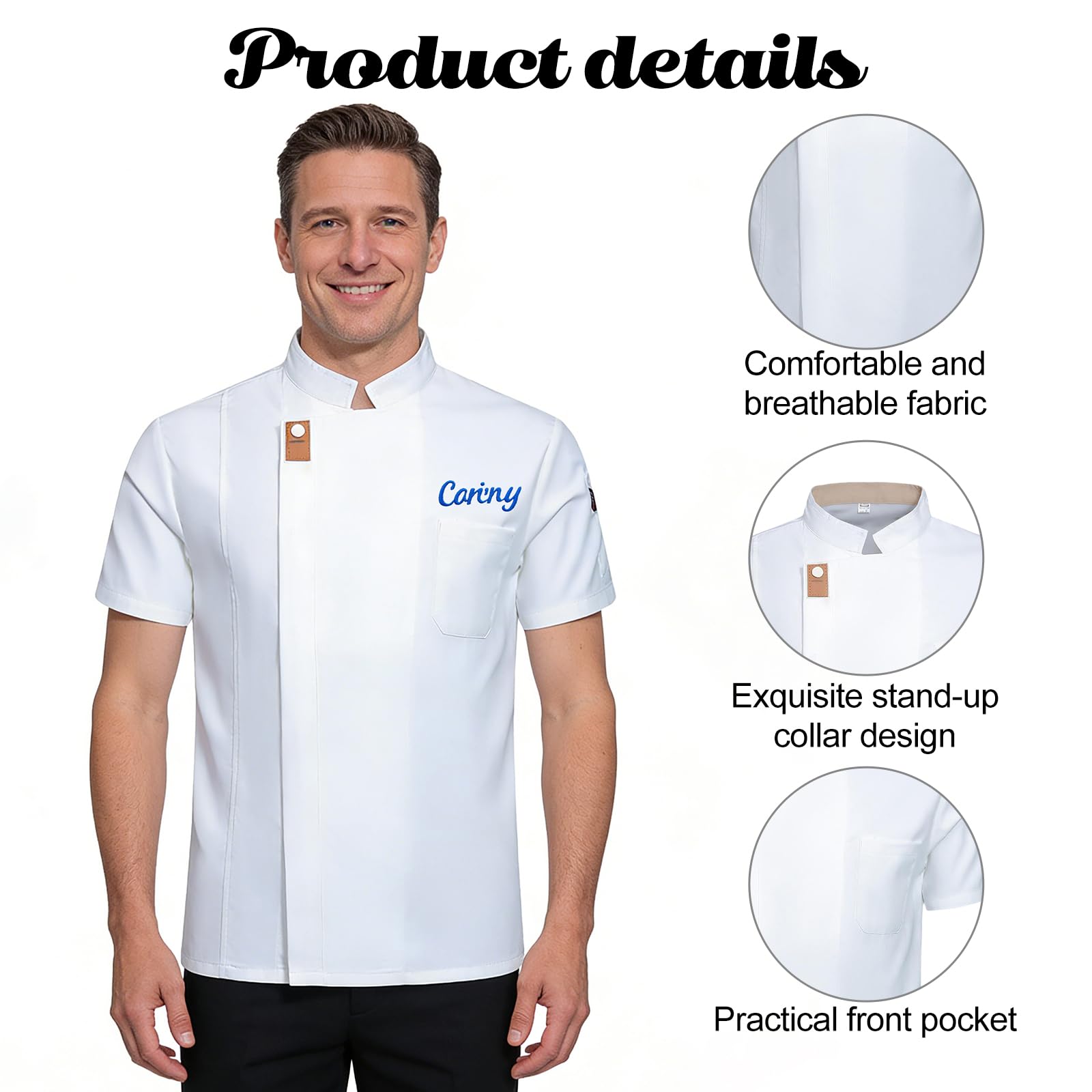 Veste de Chef Personnalisée avec Broderie Texte, Veste Cuisine Homme et Femme à Manches Courtes, Uniforme Professionnel Respirant pour Restauration et Boulangerie - 3