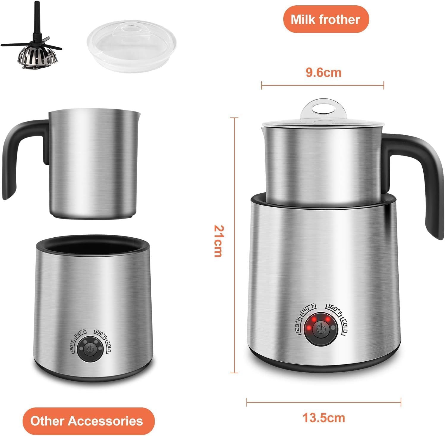 Diagram showing the NWOUIIAY Electric Milk Frother components and dimensions, including the base, removable cup, lid, and whisk attachments.