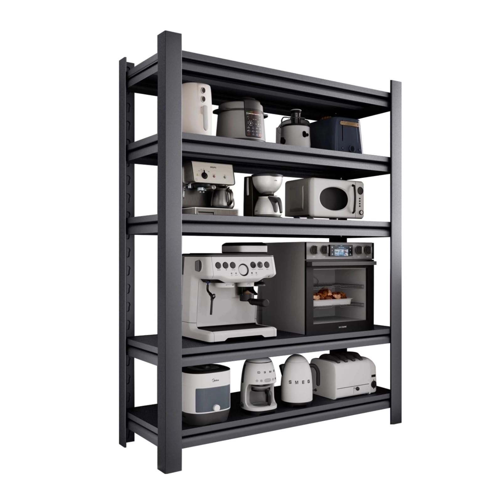 Scaffale in metallo a 5 ripiani su ruote, scaffale da cucina per microonde, pentole, padelle e cuociriso, scaffale angolare versatile (90 x 40 x 183 cm)