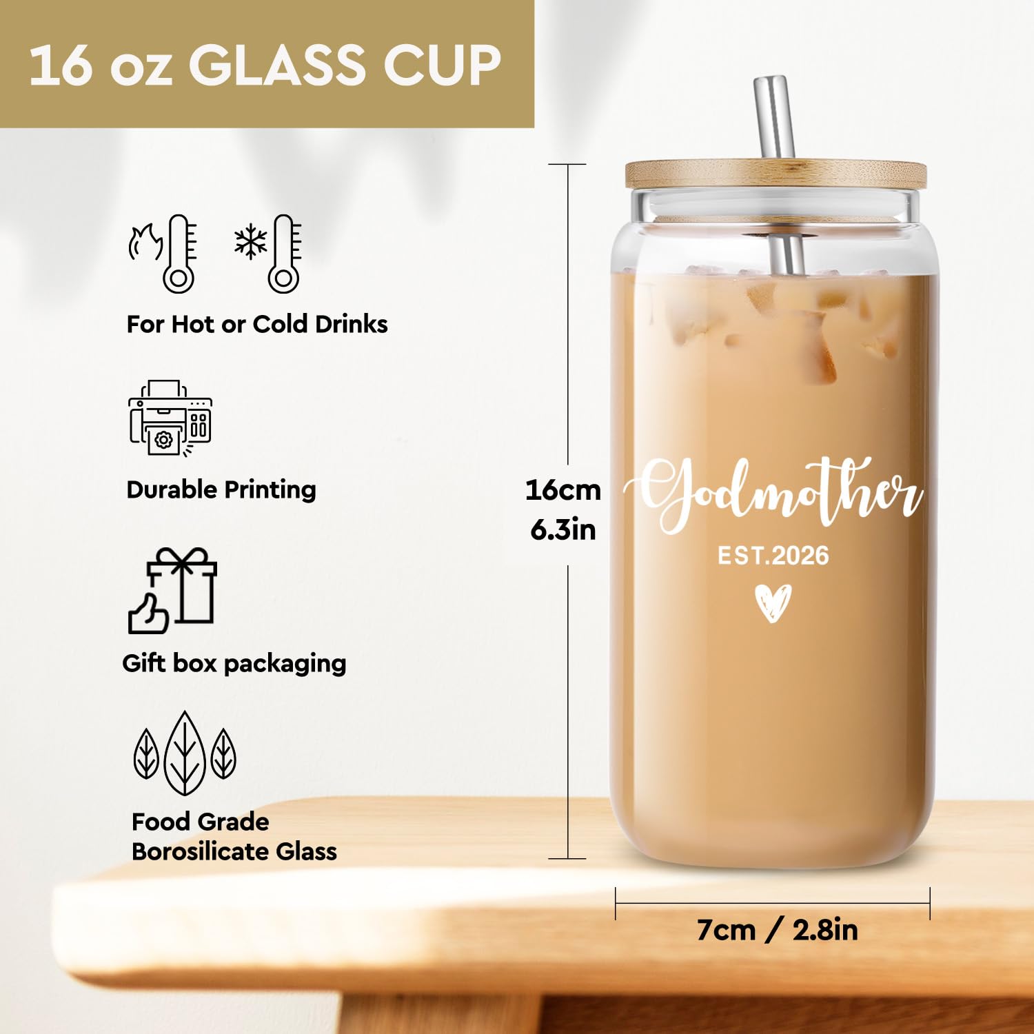 SEWSONG 2026 Godmorther Ice Coffee Glass Cup with Lid and Straw Gifts for Women,Pregnancy Announcement, Christmas Thanksgiving Baptism Gifts for Godmother Aunt Women Hers