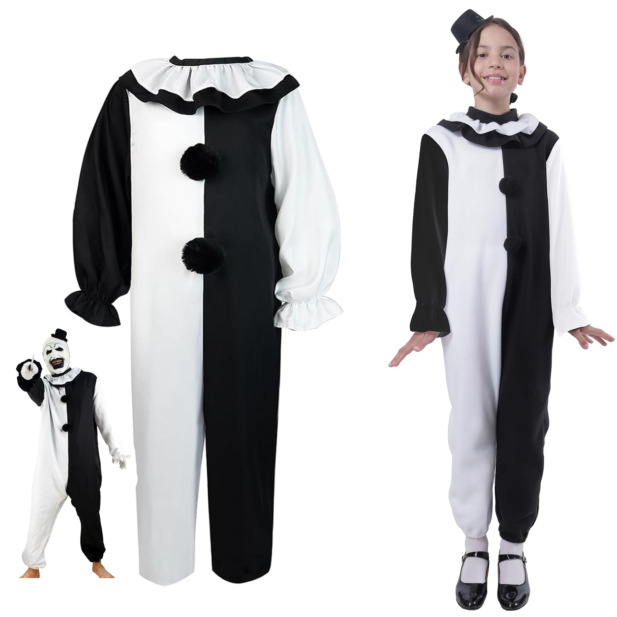 Carnavalife Disfraz Terrifier Niño Niña Infantil 3-12 años, Disfraz Terrifier Adulto Mujer Hombre S M L Unisex, Disfraz Payaso Asesino Blanco y Negro, Mono Blanco y Negro,