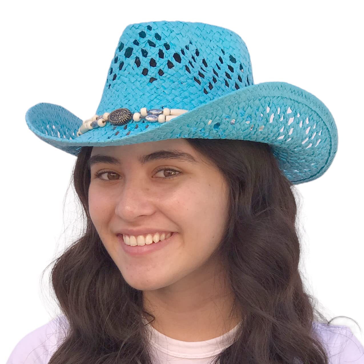 SILVERFEVER Straw Cowboy Hat Cowgirl Hats Men Women Sun Hat Sombreros Vagueros Classic Western Accents(Turquoise, Beaded)