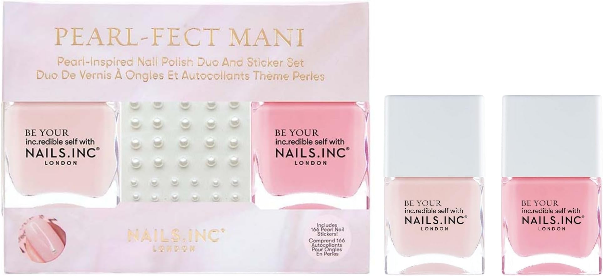 Nails Inc Pearl-Fect Mani Duo & Stickers, Long Lasting, Glossy Nail Color, High Shine, Airy Dry, Full Coverage, Chip Resistant, Salon Quality Manicure, Nail Kit, Wedding Season Nails, 3 Piece Set