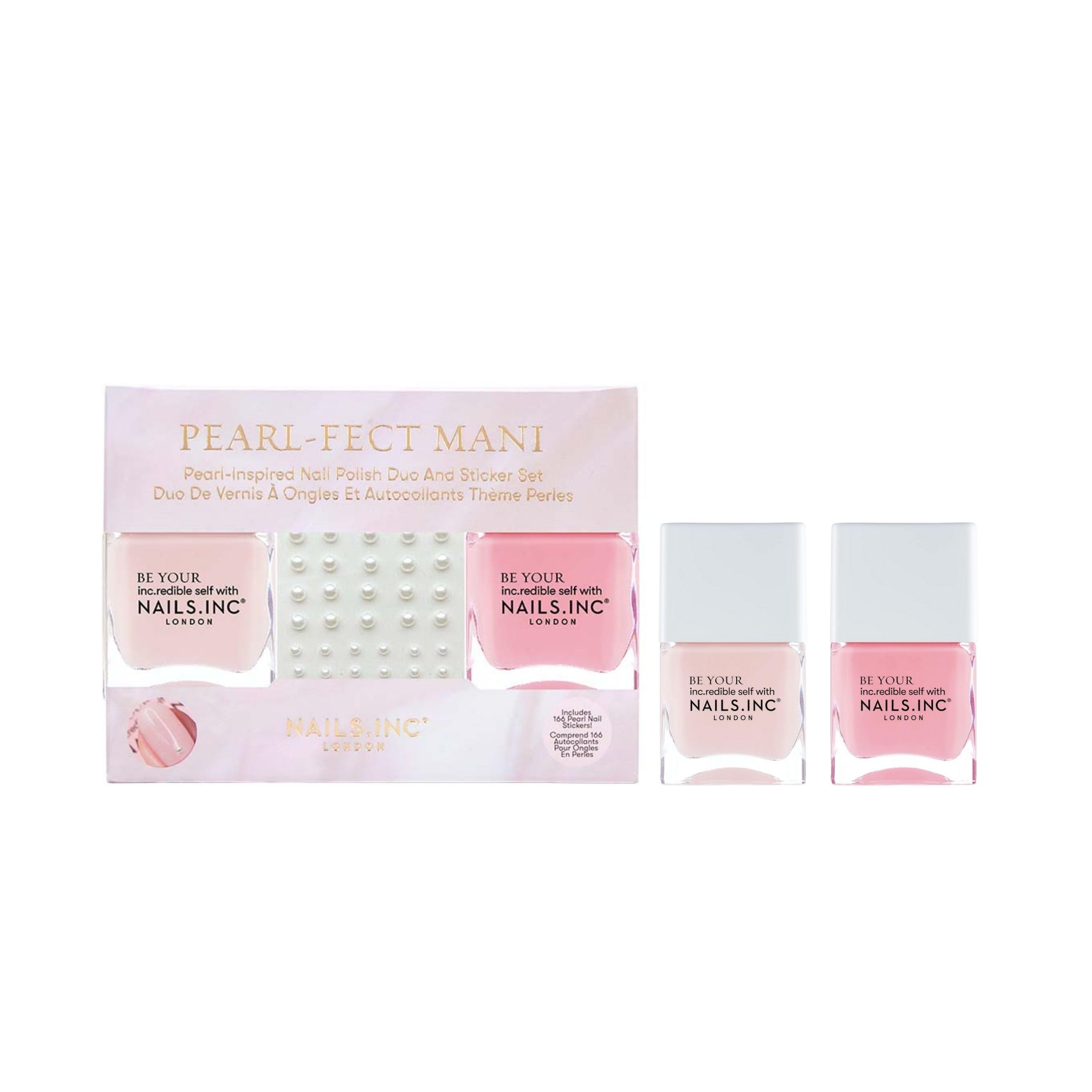 Nails Inc Pearl-Fect Mani Duo & Stickers, Long Lasting, Glossy Nail Color, High Shine, Airy Dry, Full Coverage, Chip Resistant, Salon Quality Manicure, Nail Kit, Wedding Season Nails, 3 Piece Set