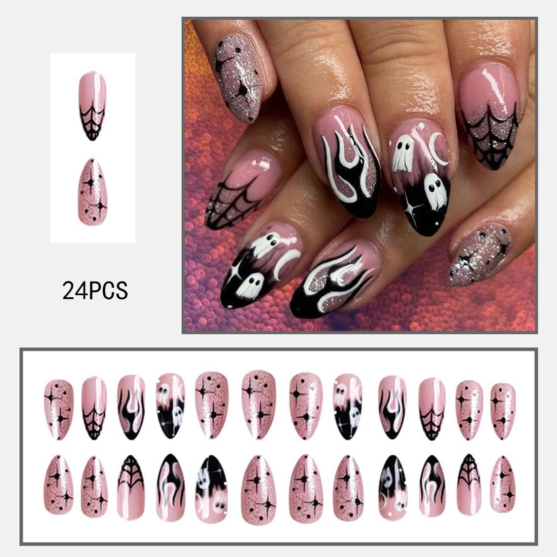 Danshinbow 24PCS Halloween Press on Nails Almond Fake Nails Black Pink Pumpkin Ghost Spider Web Design Cute Cosplay False Nails Glossy And Full Cover Acrylic Nails for Women (Pink C - Image 2