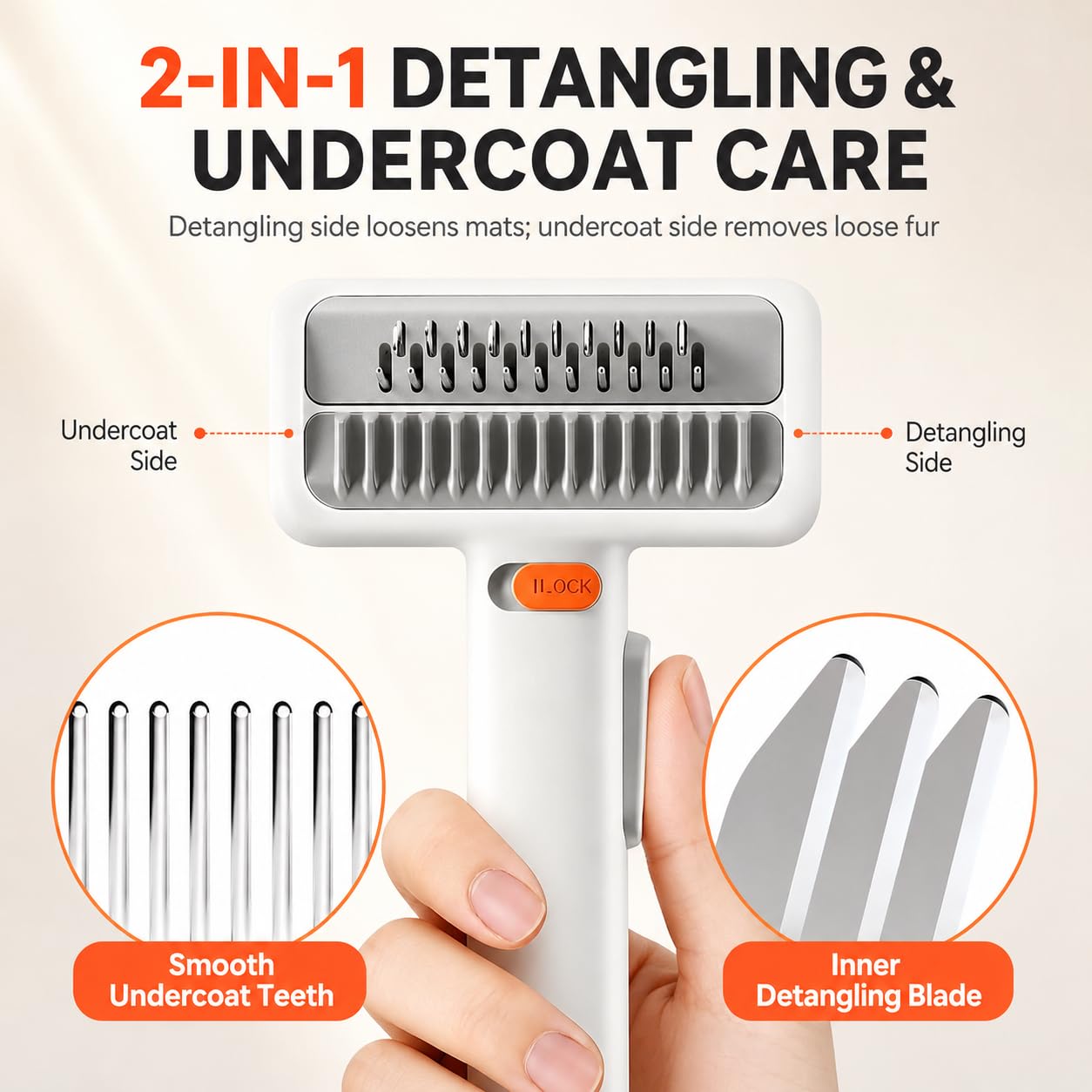 Pettine districante 2 in 1 con lama di sicurezza – Pettine per sottopelo e strumento di districamento per cani e gatti – Districa i nodi ed elimina i peli morti, delicato sulla pelle, manico