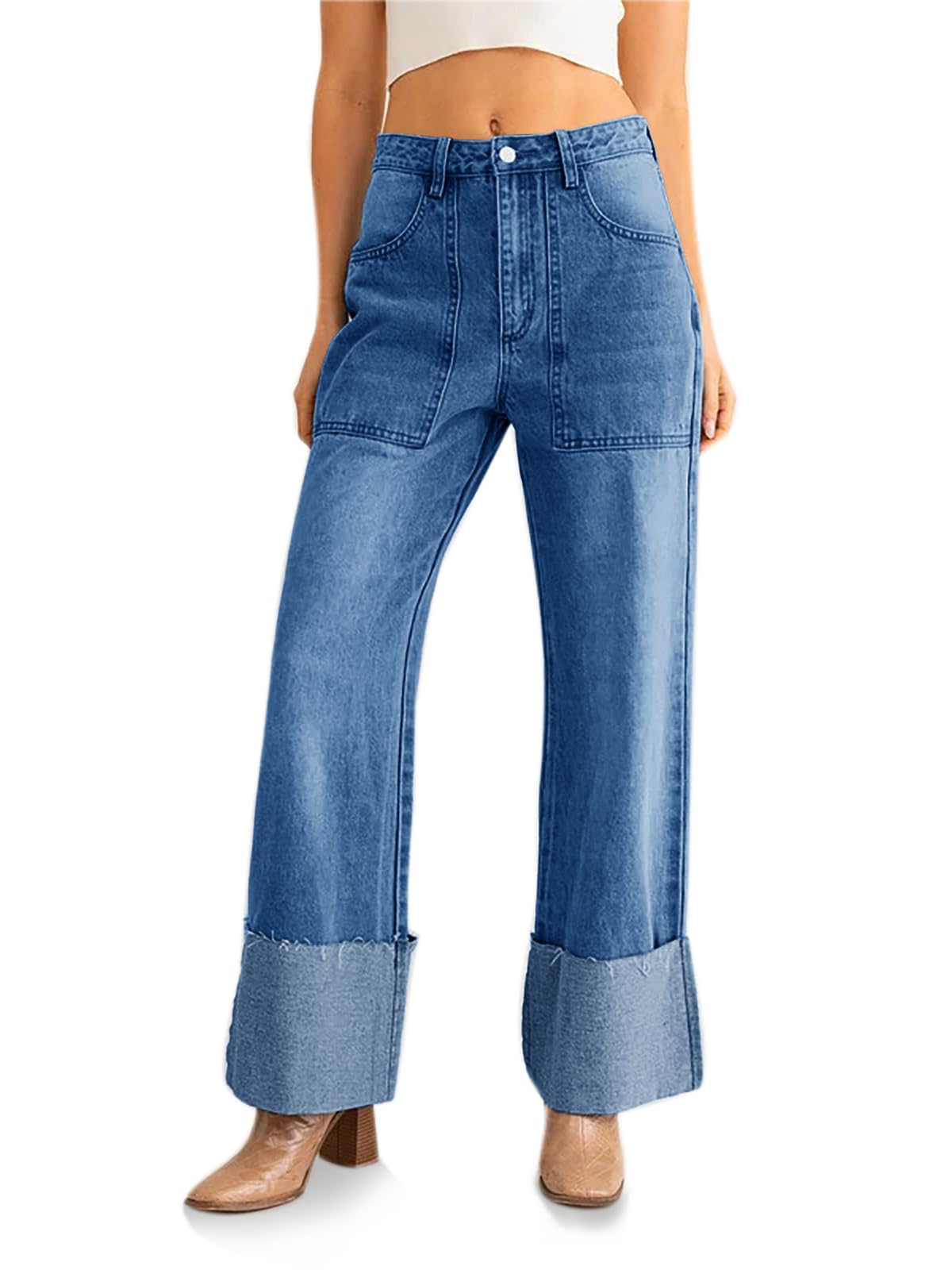 PLNOTME Womens Baggy Cuffed Jeans Casual Straight Leg Boyfriend Denim Pants with Pockets