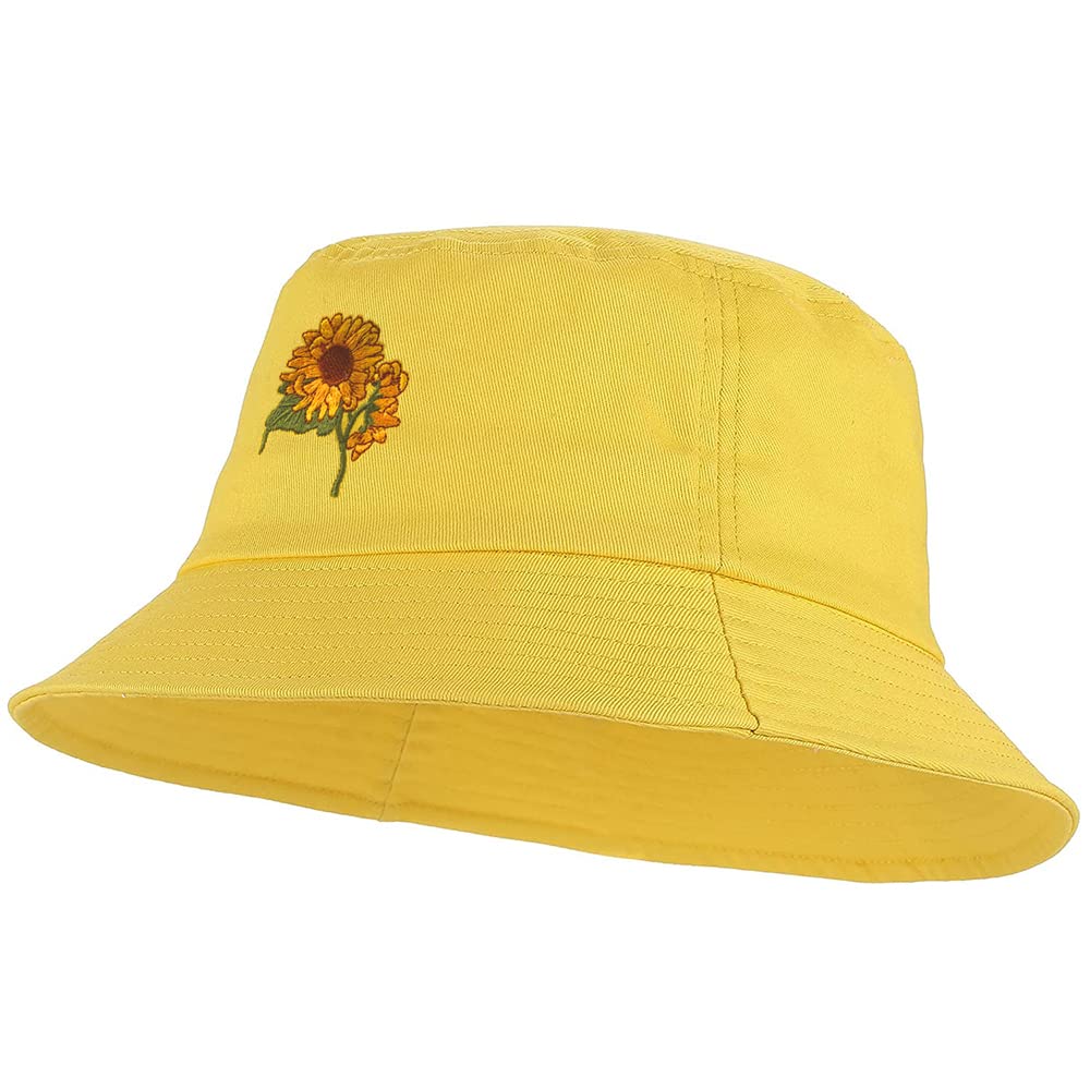 Sunflower Embroidered Novelty Bucket Hat Outdoor Cap for Women 100% Cotton Packable Adjustable
