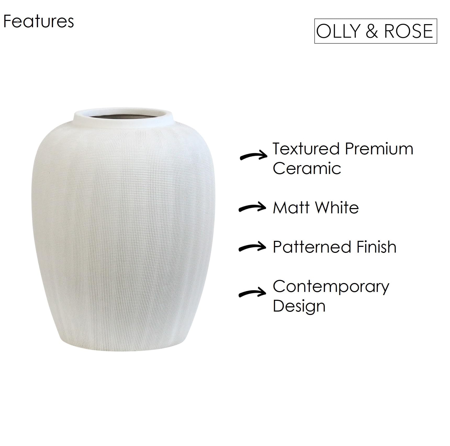 Olly & Rose Rhodes handgemaakte witte keramische bloemenvaas met patroon - moderne vaas voor woonkamer, entree, boekenkast enz. (25 cm