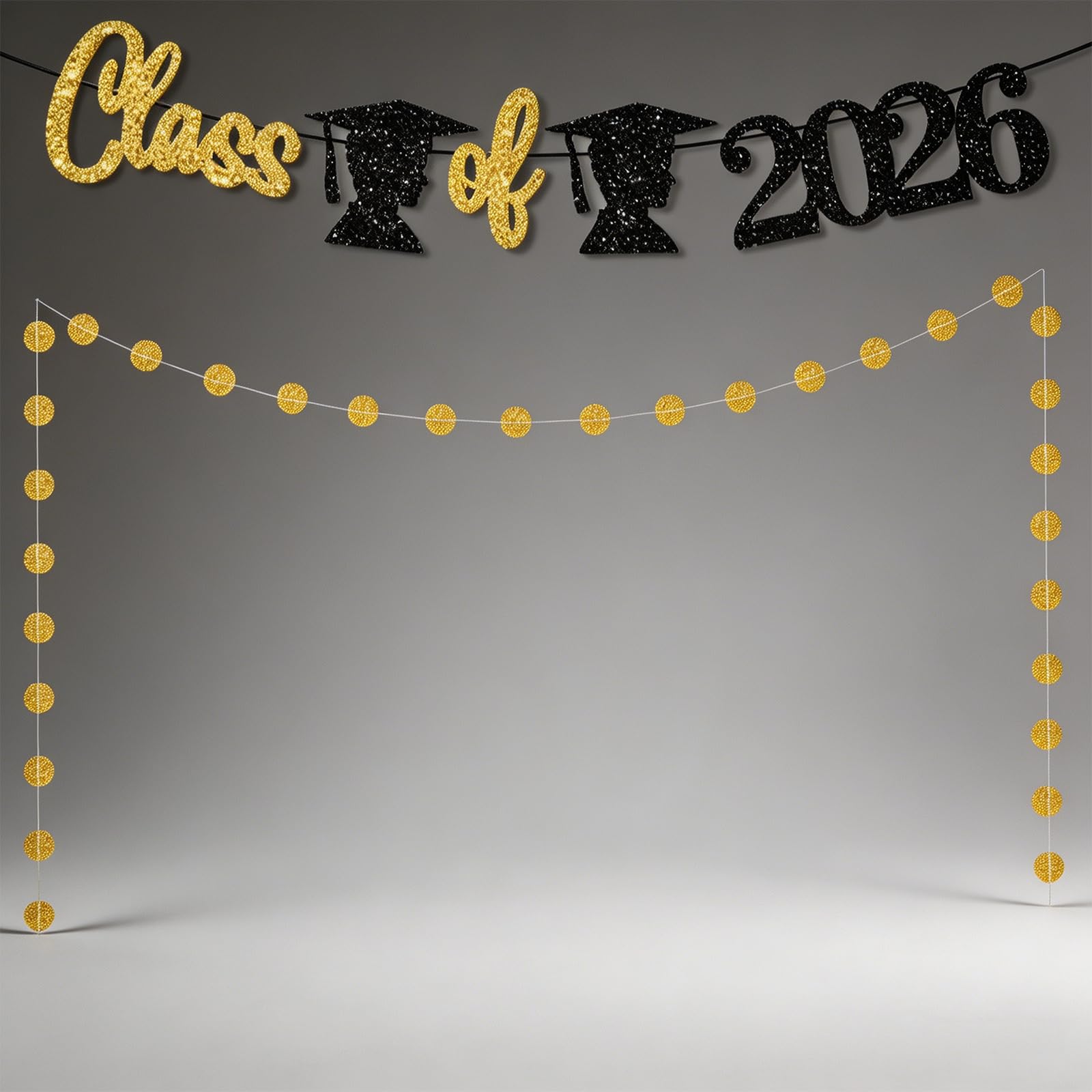 Graduation Banner Class of 2026 - Black Gold Elegant Photo Backdrop for Graduation Party with Dot Garland, Reusable Thick Paper Wall Decor
