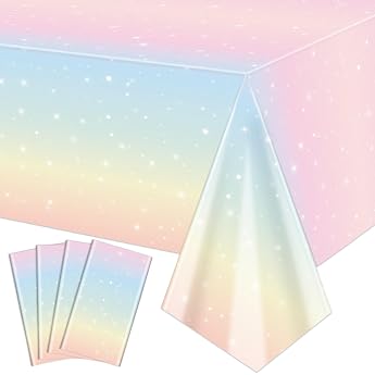 Pack of 4 Pastel Rainbow Tablecloths 130 x 220 cm Rectangle Pastel Rainbow Tablecloth for Party Decorations Girls Rainbow Birthday Party Decorations Baby Shower Party Accessories