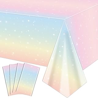 4 Pack Pastel Rainbow Tablecloths, 51x87' Plastic Disposable Rectangle Pastel Rainbow Table Cover for Unicorn Party Decorations Girls Rainbow Birthday Party Decorations Baby Shower Party Supplies
