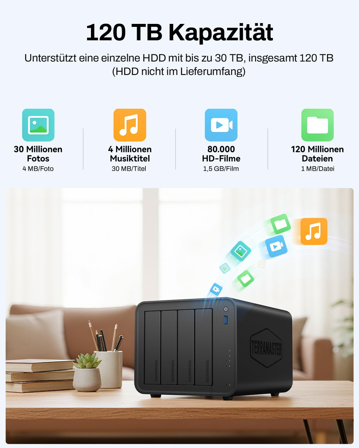TERRAMASTER F4-425 4-Bay NAS-Speicher mit Intel x86 Quad-Core CPU, 4 GB RAM, 2,5 GbE LAN, Multimedia-Server für Privatanwender zur Netzwerkspeicherung (ohne Festplatte)