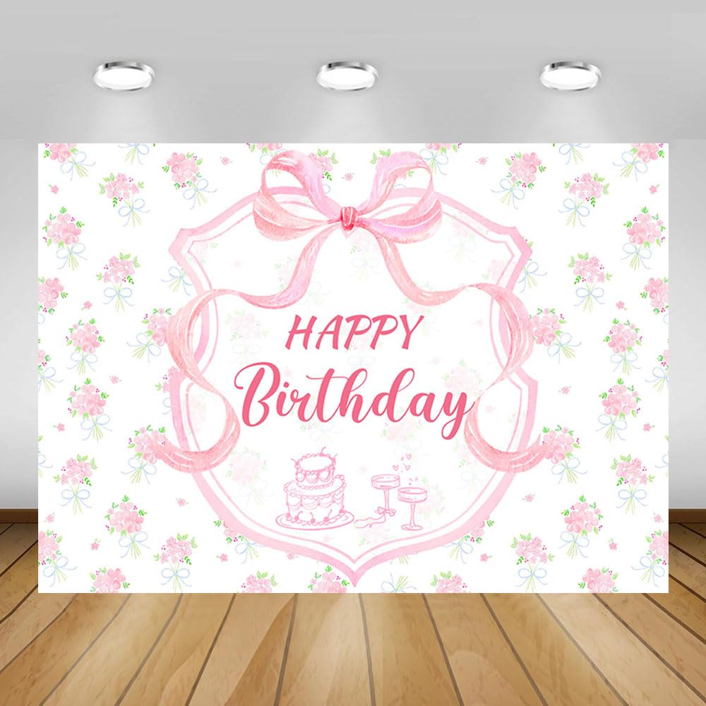 MEHOFOND Coquette Happy Birthday Backdrop, Pink Bow Decorations, Floral Girl Background Pink Glitter Bachelorette Decor for Girls Supplies Photo Booth