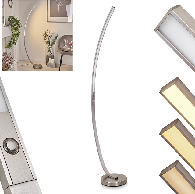 LED Floor lamp Kimbolton in Nickel-mat Metal, Stylish arc lamp with Built-in dimmer Switch, Fitting in a Modern Living Room, 20 Watt, max. 1000 Lumen, 3000 Kelvin (Warm White)