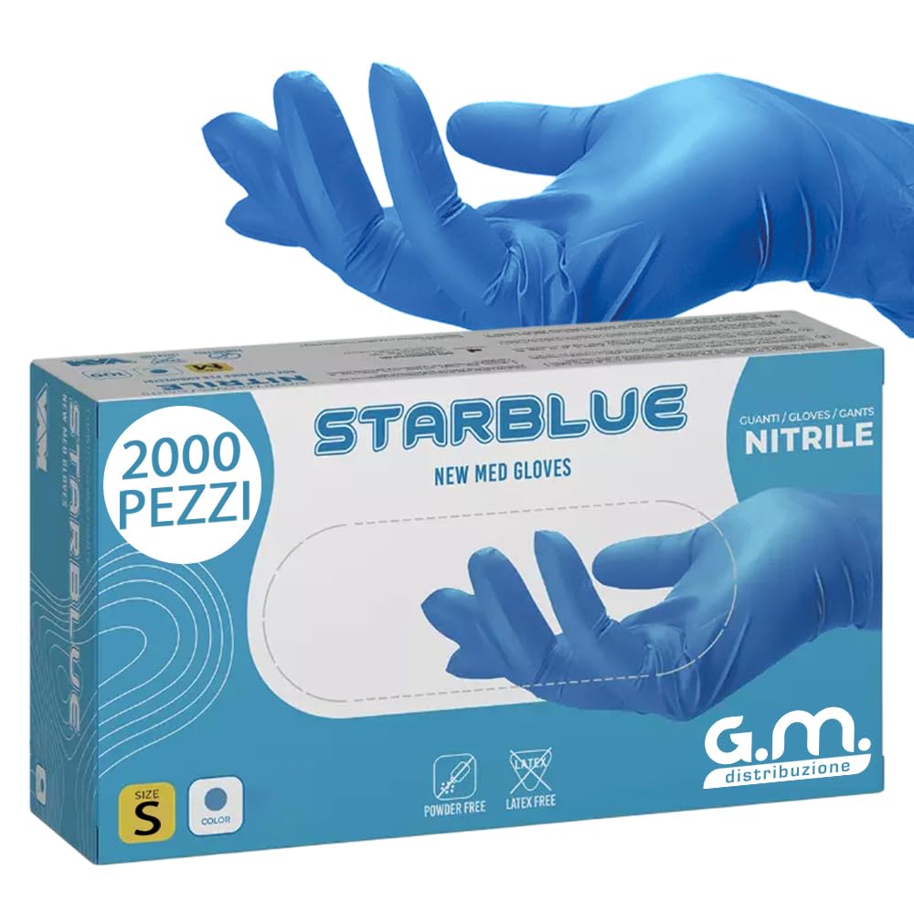 2000 Guanti Nitrile Blu S senza polvere, senza lattice, ipoallergenici, Guanti Monouso Nitrile per Ospedali, Estetisti, Case di Cura e Pulizia della Casa