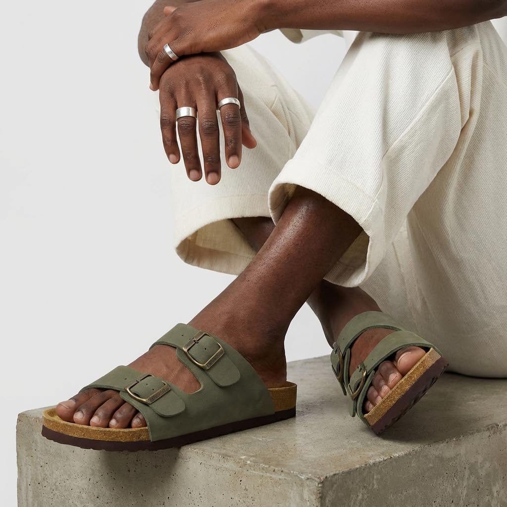 CUSHIONAIRE Lane Cork Footbed Mens Sandals, Adjustable Buckle Comfort Slides for Men, Genuine Leather Insole Summer Sandals Men Footwear