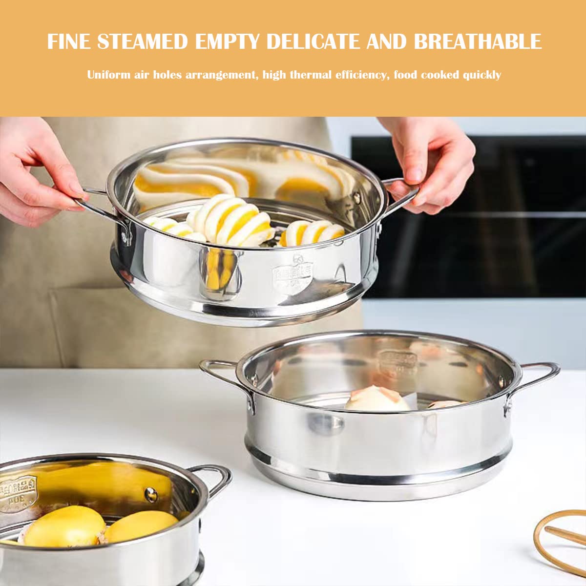 Olla de vapor de acero inoxidable, redonda de 8.6 pulgadas con estante de cocina y cesta de vapor de alimentos para cocina Dim Sum Dumplings Bun (plata, 22 cm)