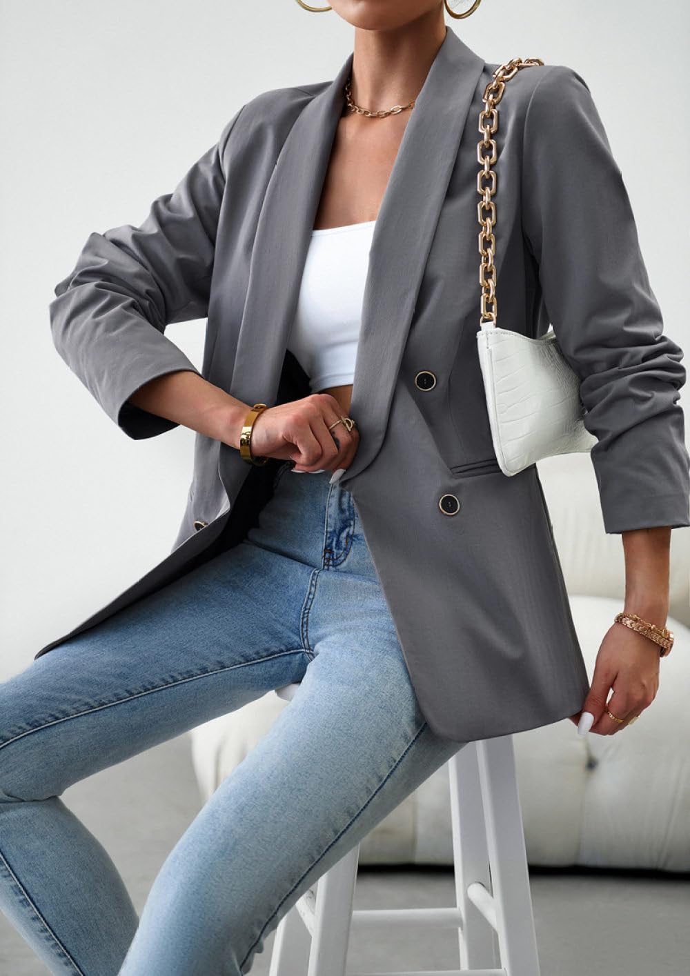 Damenanzüge,Blazer,Grau,Vorne Offen,Strickjacke,Langärmelig,Anzugjacke,Schalrevers,Knopfjacke,Oberteile,Mantel,Freizeit,Arbeit,Festlicher Blazer Anzug Mit Tasche