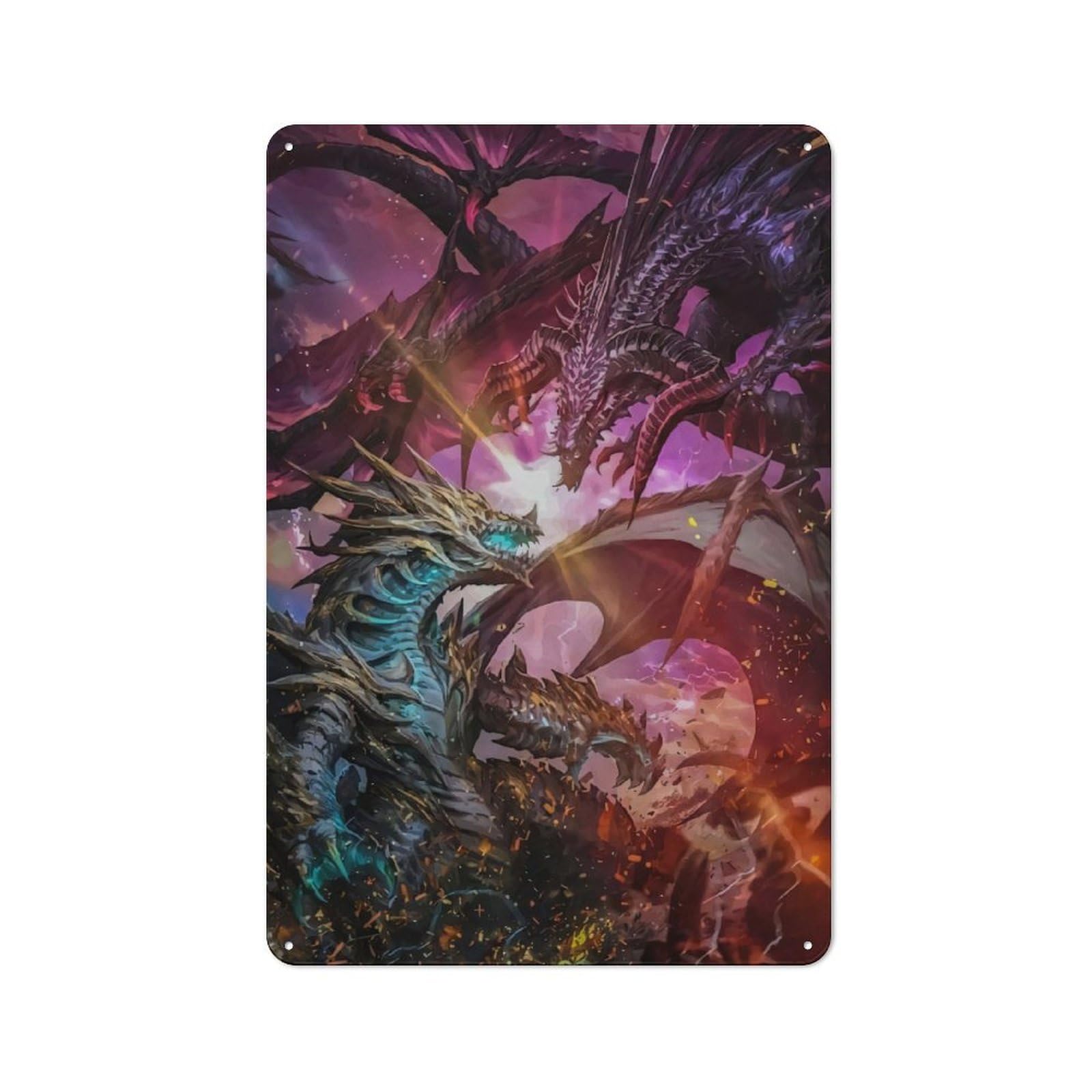 Junmoney Style-3 Dragon Battle Fantasy Artwork Rustic Metal Wall Sign 30X20cm For Home Office Or Studio, For Garage, Workshop And Man Cave Decoration
