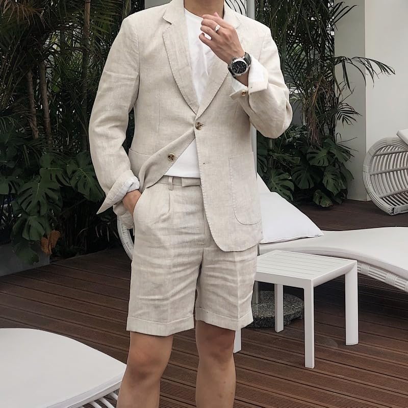 Men's 2 Pieces Linen Suit Casual Slim Fit Suits Retro Wedding Prom Tuxedos Summer Beach Party Blazer Shorts Set2