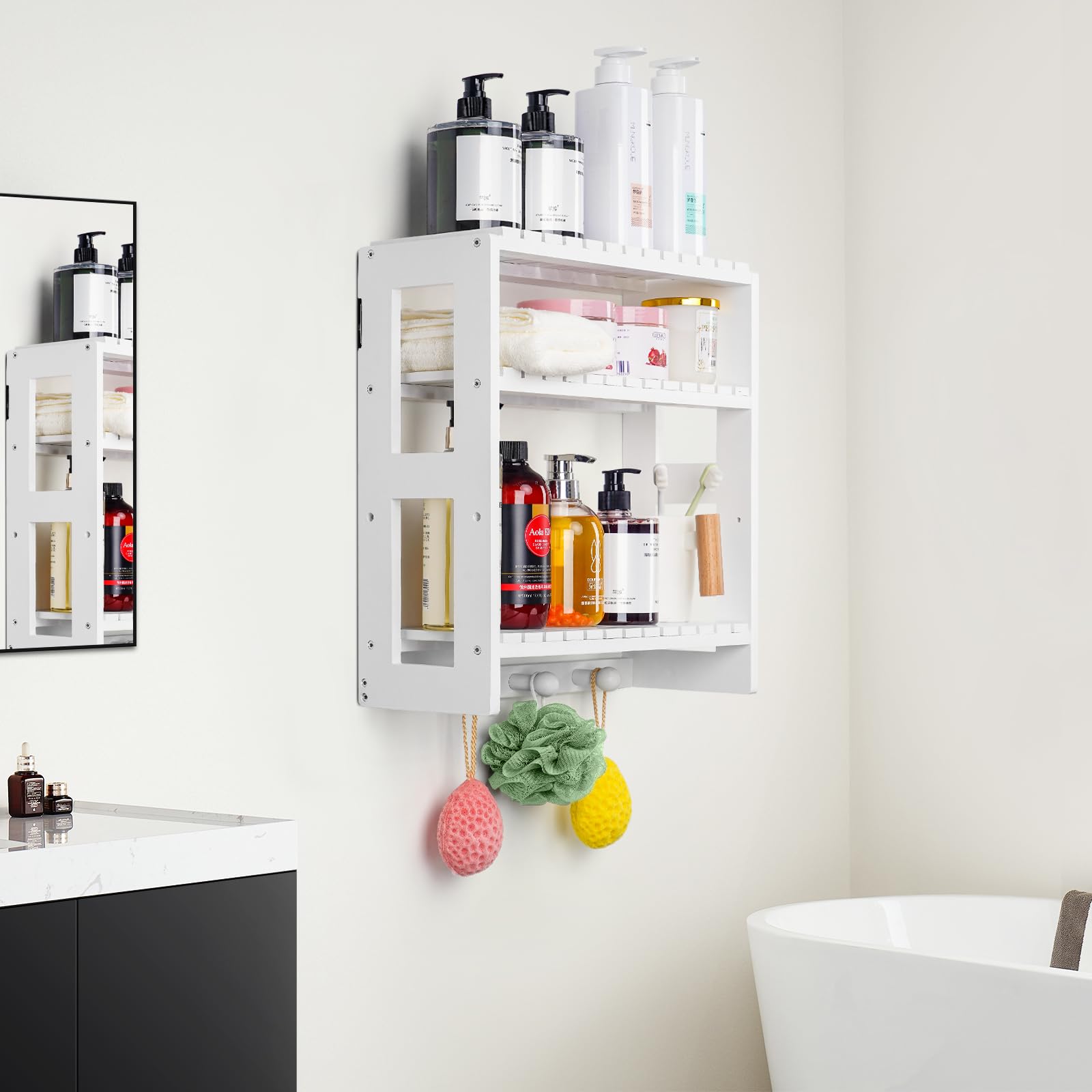 ABTOR Bathroom Bamboo Shelf Organizer with Hooks - 3 Tier Storage Shelf with Adjustable Wall Mounted Shelf Rack Over Toilet, Use for Bathroom, Kitchen, Living Room(White)