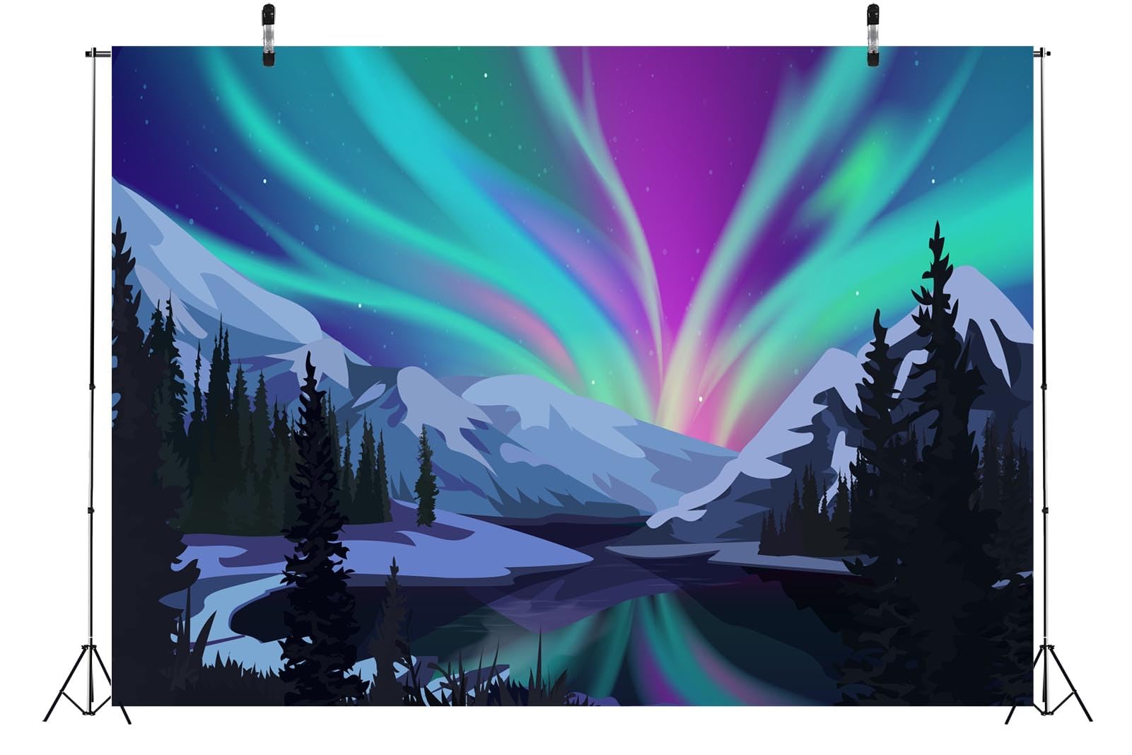 12X10ft Fabric Ture North Vbs Aurora-Themed Backdrop Vacation Snow-Covered Mountain Oceans Background Colorful Party Decoration Banner Photo Booth Props - View #6