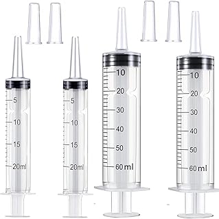 Ulove Prs 4 Pack Large Plastic Syringes(2Pcs 20ml + 2Pcs 60ml) with Measurement & Cap, Individually Sealed Wrap Syringe for Scientific Labs and Dispensing Liquids, Multiple Uses Measuring Tools